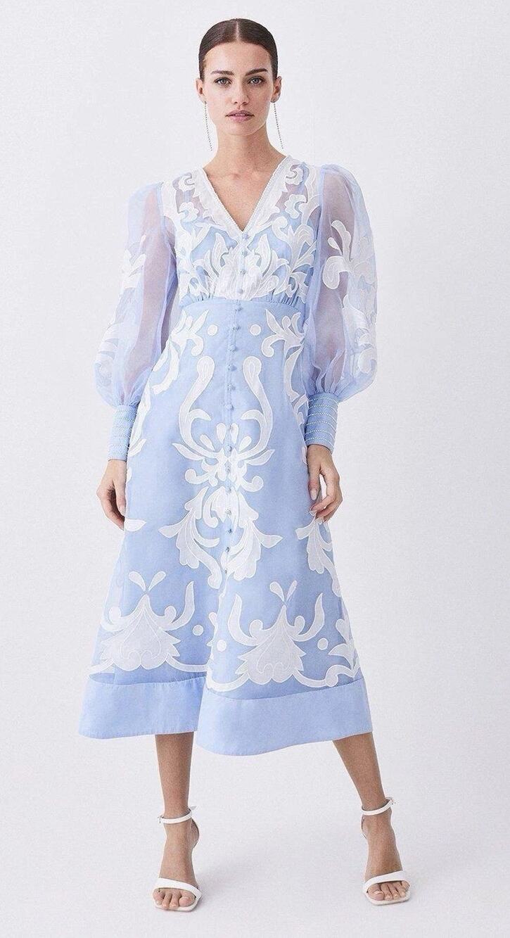NWT Karen Millen Blue Applique Organza Buttoned Midi Dress Balloon Sleeves 12 - Picture 1 of 8